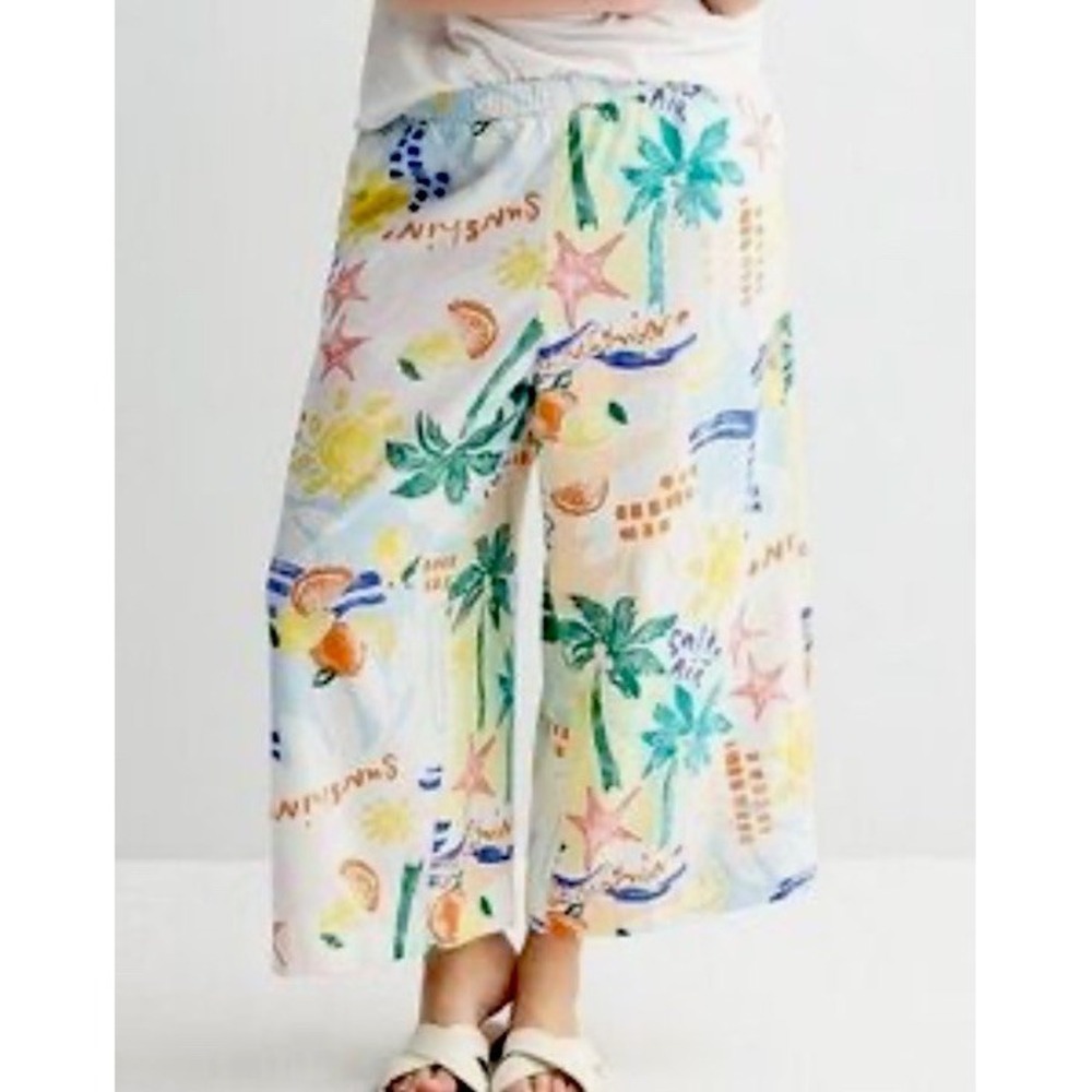 Sonoma Goods For Life Cropped Wide Leg Pants Linen Blend 0X Beach Tropical Vaca‎